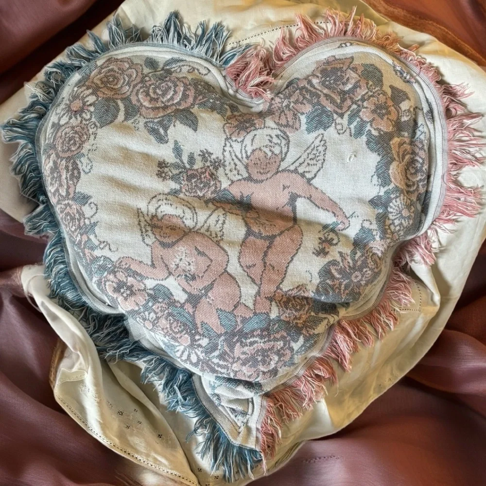 Oversized Vintage Quilt Tapestry Turned into Heart Shaped Cherub Pillow w Fringe